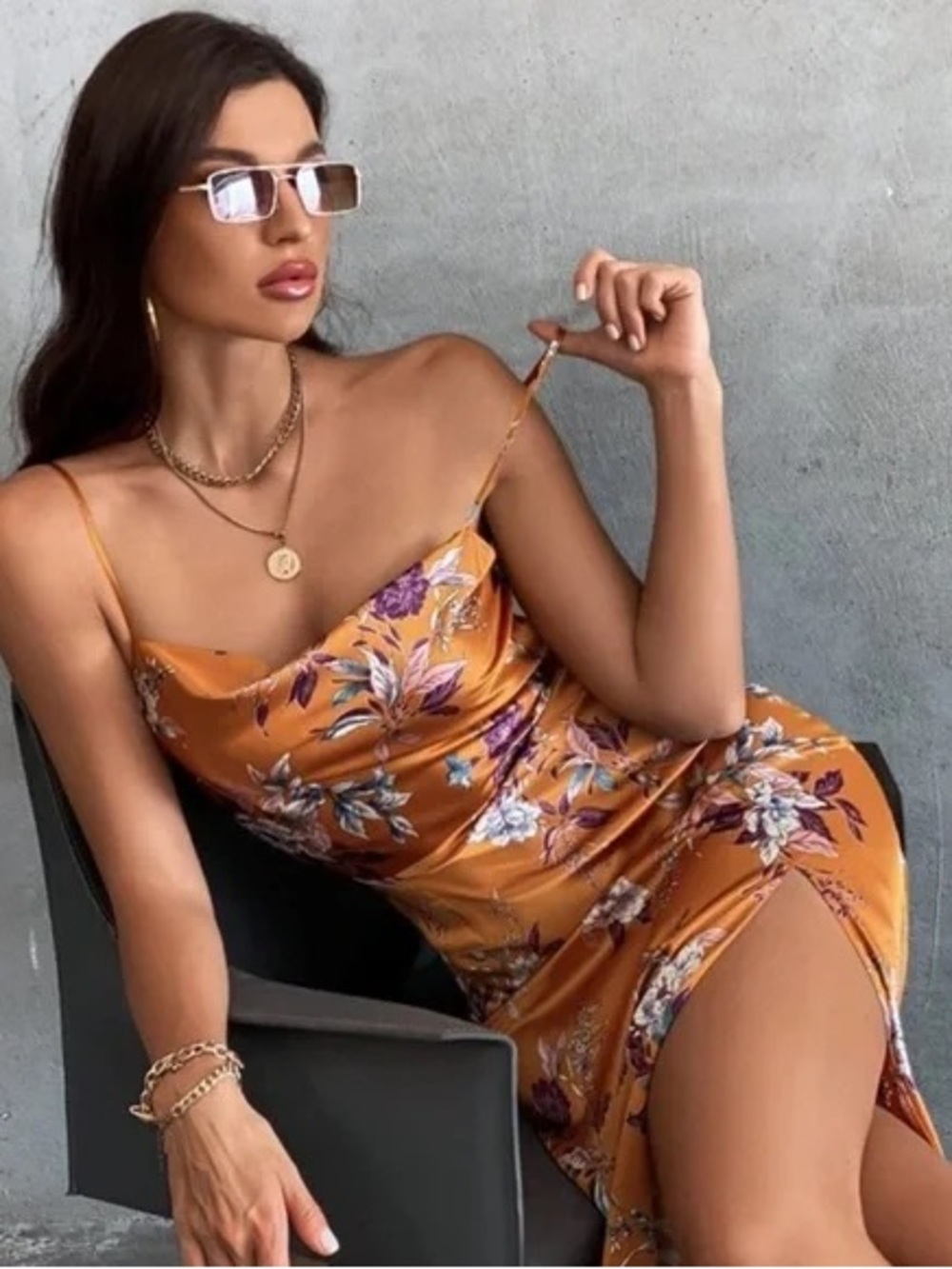 Floral Satin Slip Dress in Mustard